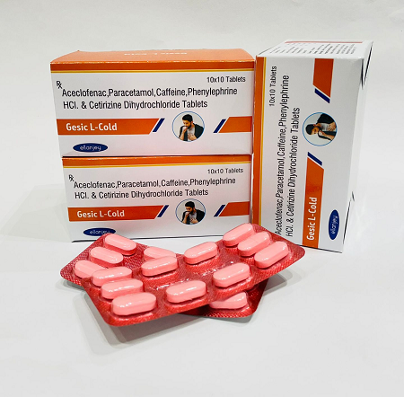 Aceclofenac, Paracetamol, Ceffeine, Phenylephrine HCL and Cetirizine Dihydrochloride Tablets